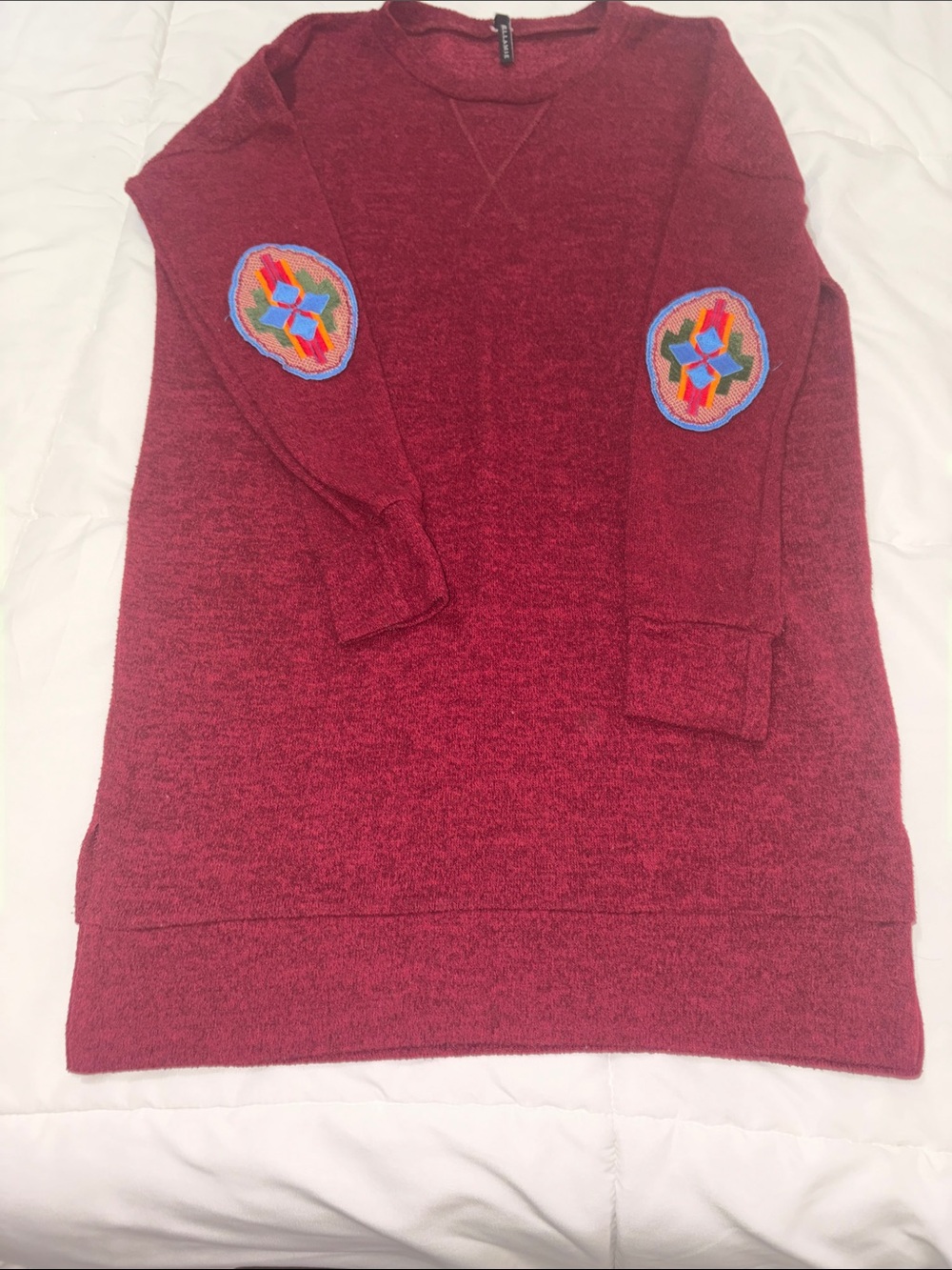 Bellamie Marled Crewneck Sweater in Burgundy with Embroidered Elbow Patches